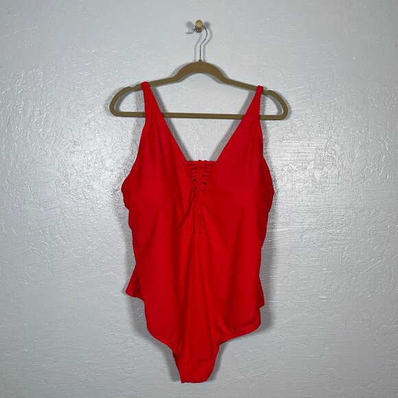 Catalina Women Plus Size 3X Red Lace Up One Piece Swimsuit Padded Swim Beach - Picture 1 of 9